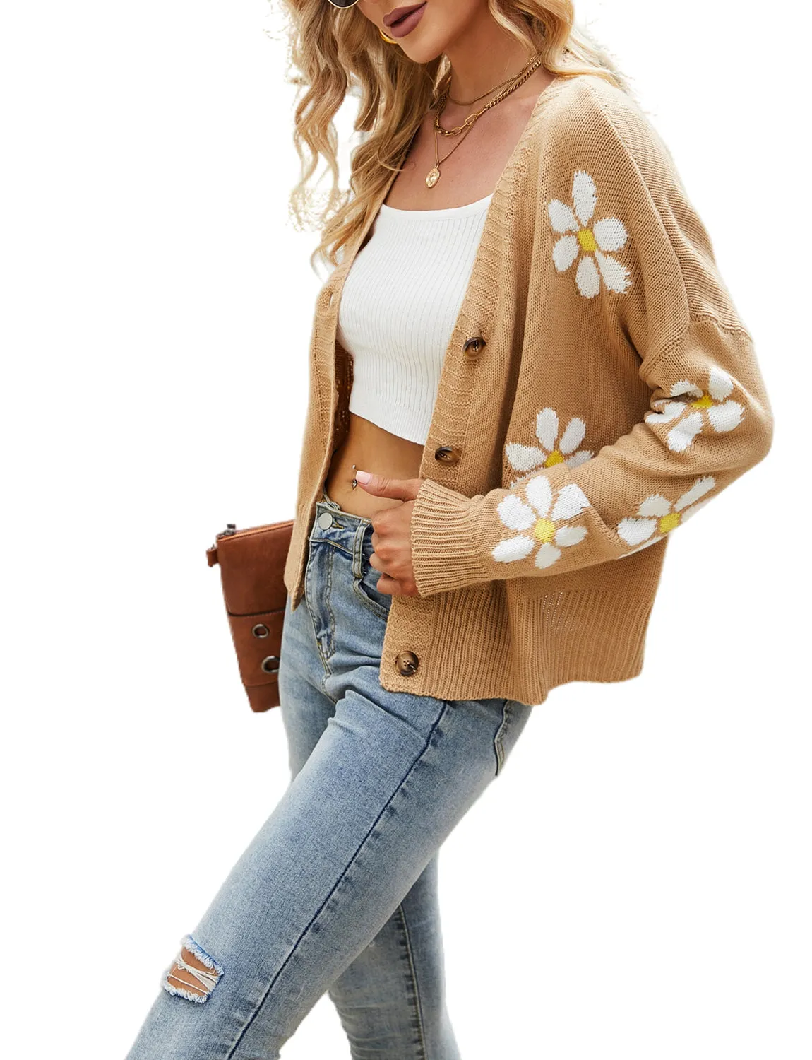 iB-iP Women's Loose Cozy Casual Long Sleeve Sweater Top Short Floral Cardigan