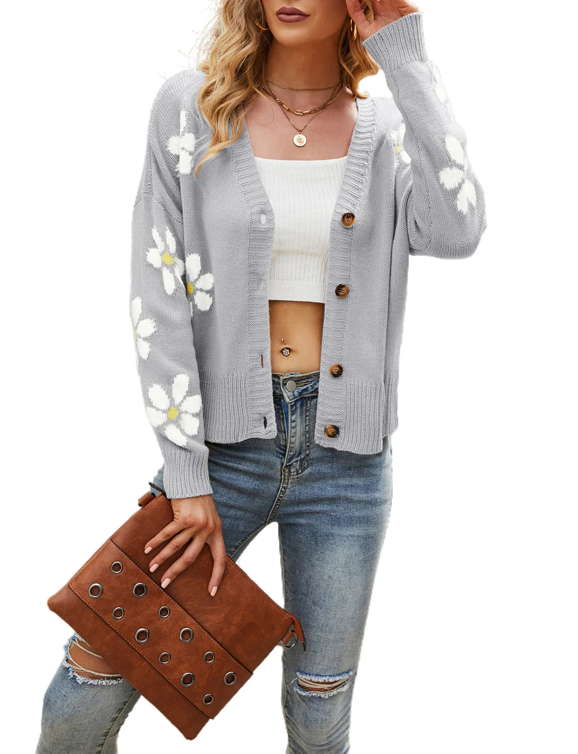 iB-iP Women's Loose Cozy Casual Long Sleeve Sweater Top Short Floral Cardigan