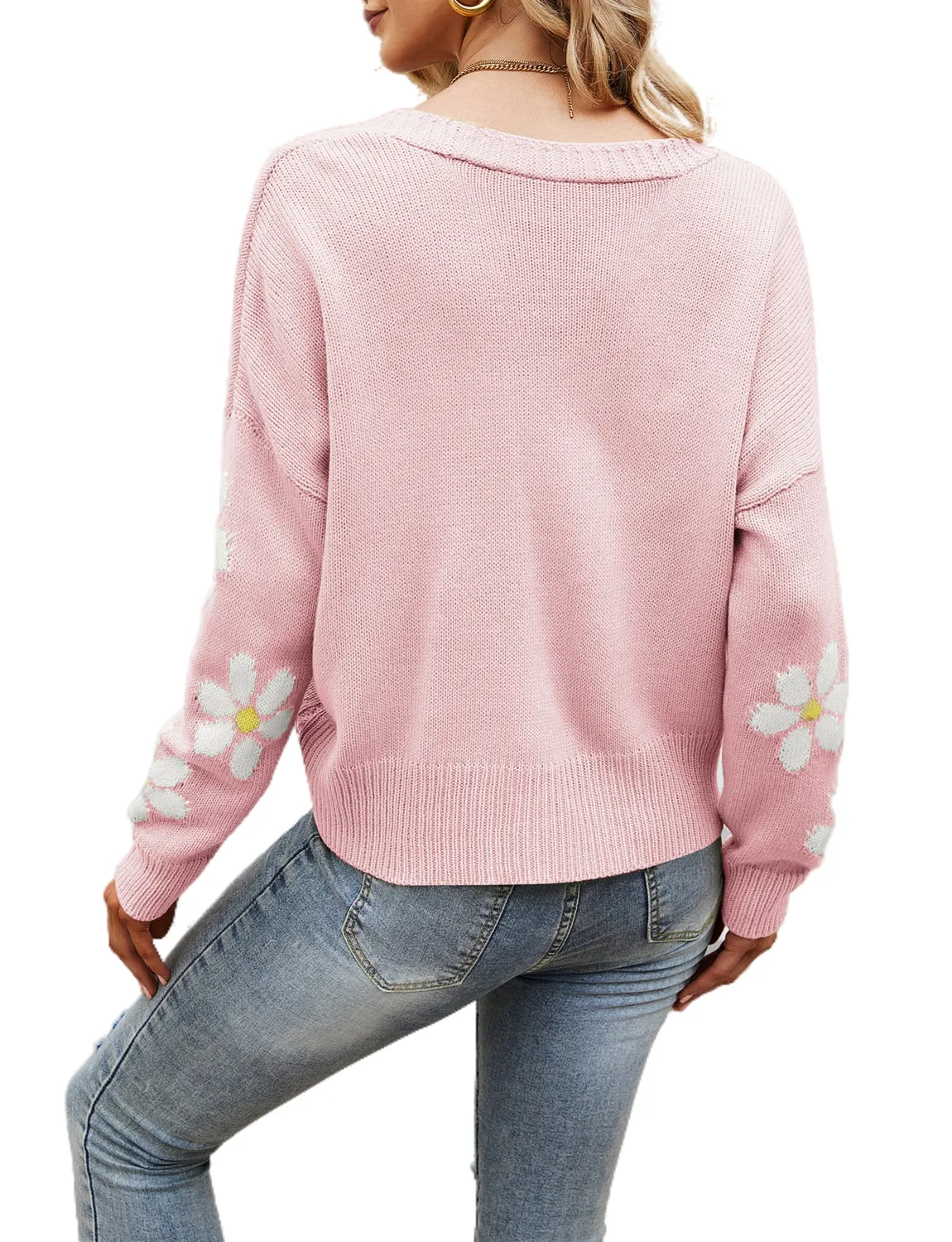 iB-iP Women's Loose Cozy Casual Long Sleeve Sweater Top Short Floral Cardigan