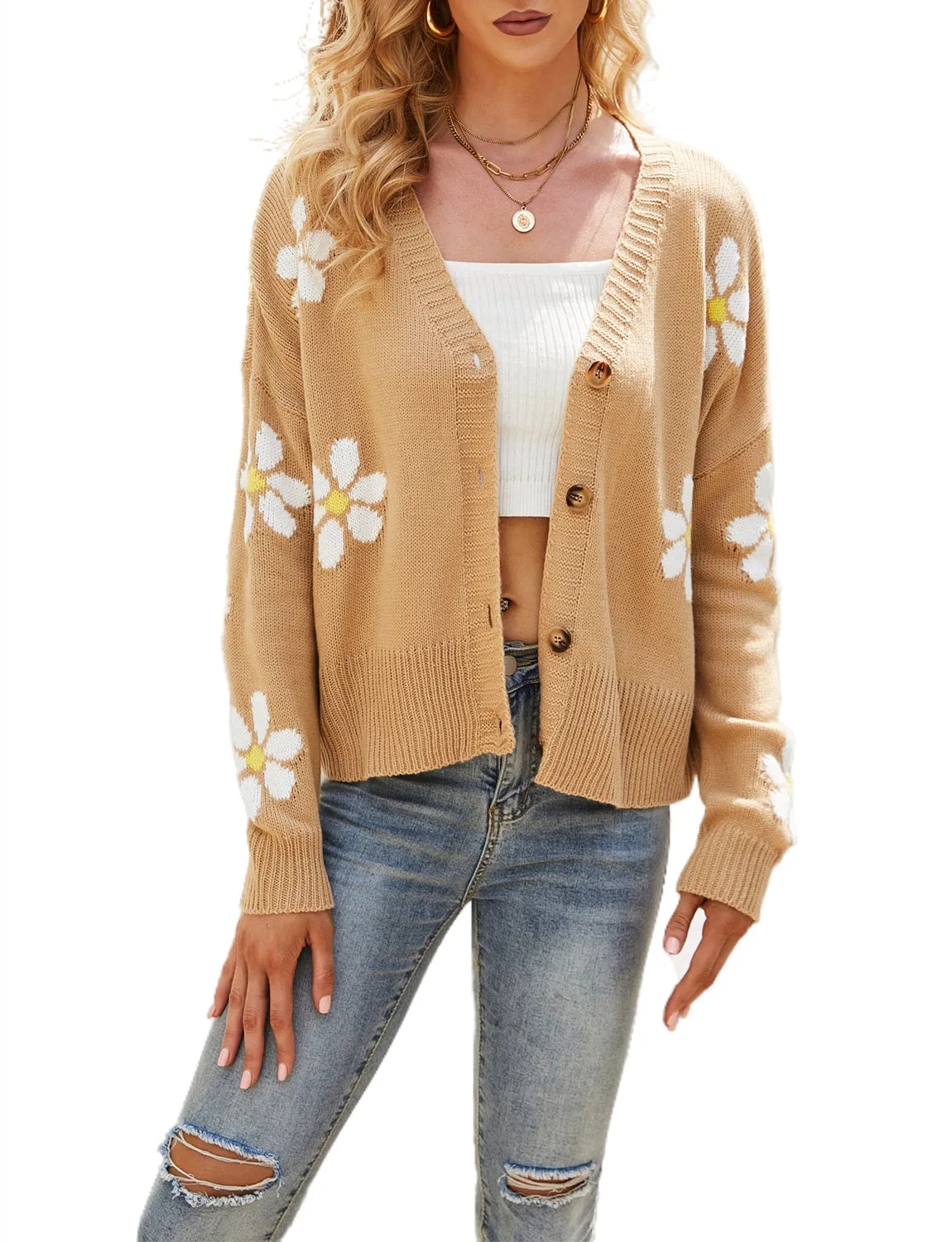 iB-iP Women's Loose Cozy Casual Long Sleeve Sweater Top Short Floral Cardigan