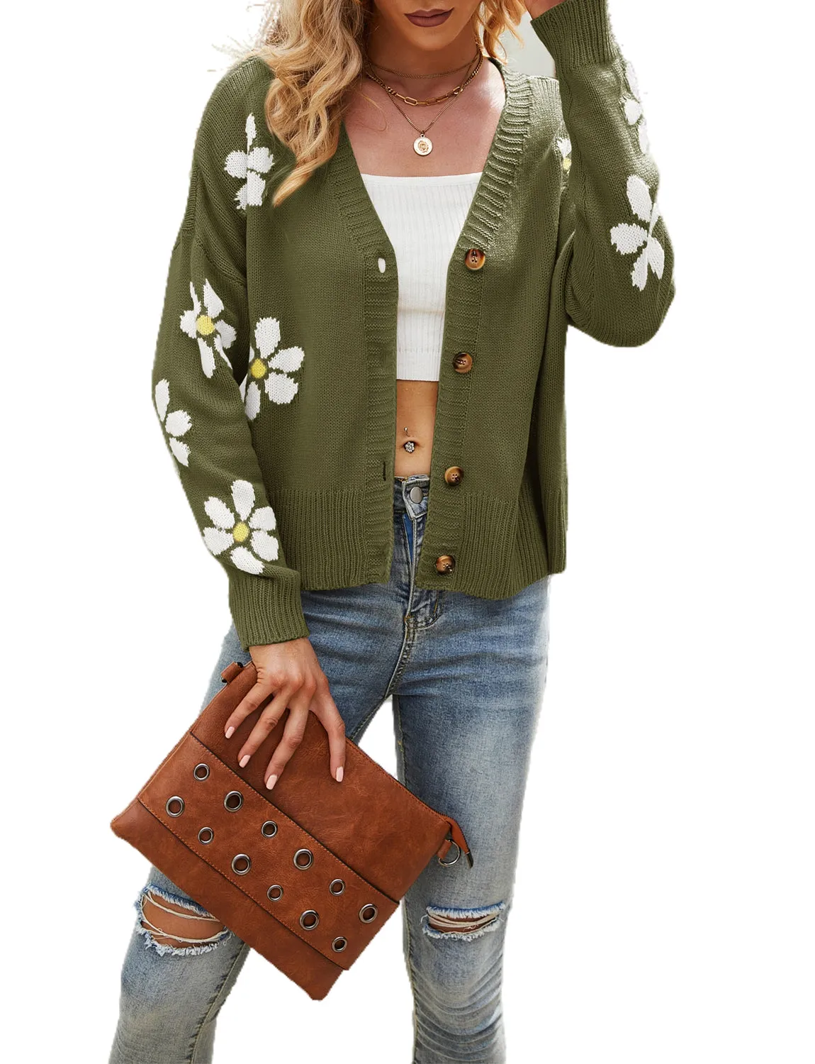 iB-iP Women's Loose Cozy Casual Long Sleeve Sweater Top Short Floral Cardigan