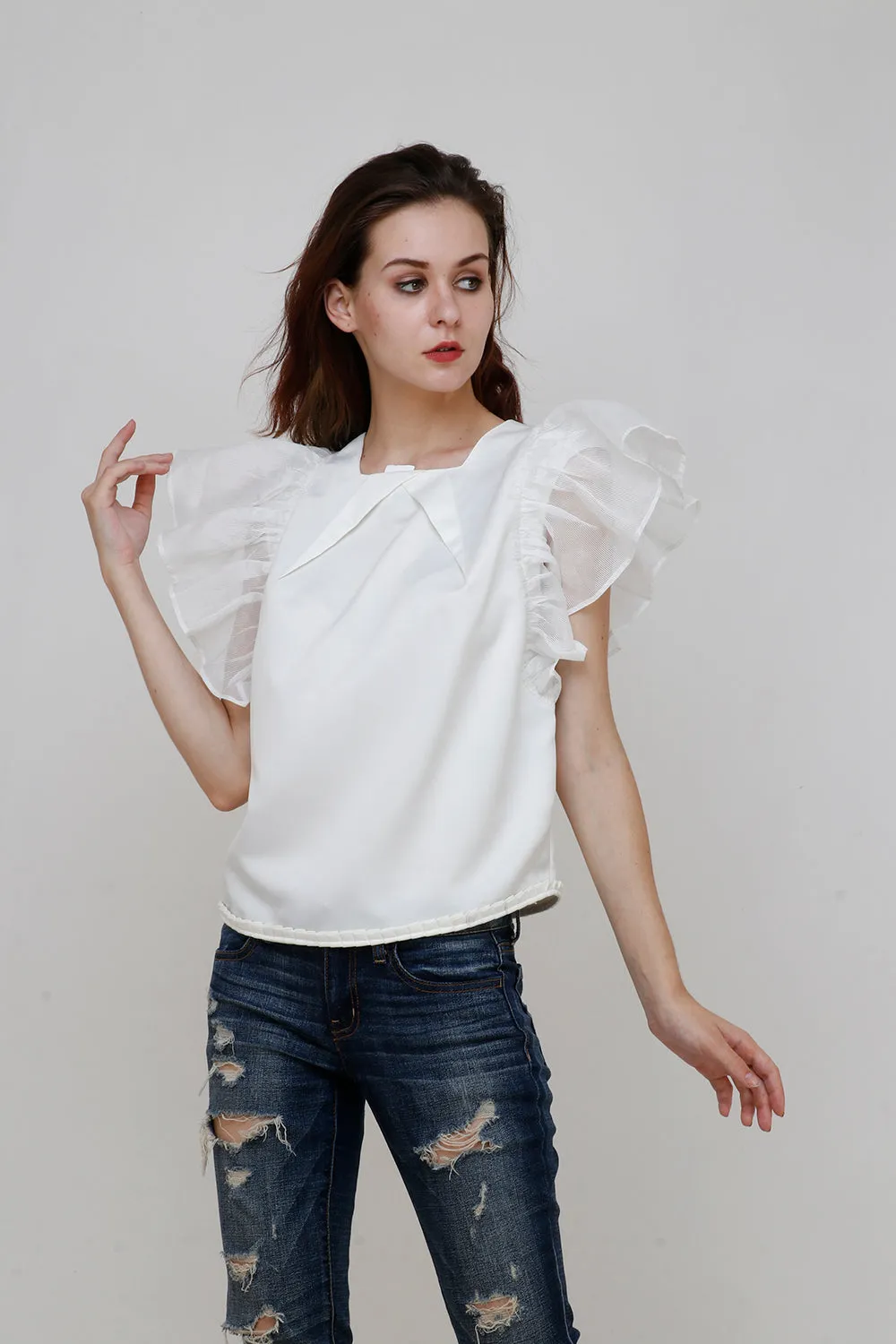 IVORY STRIPED ORGANZA SUPER RUFFLE TOP