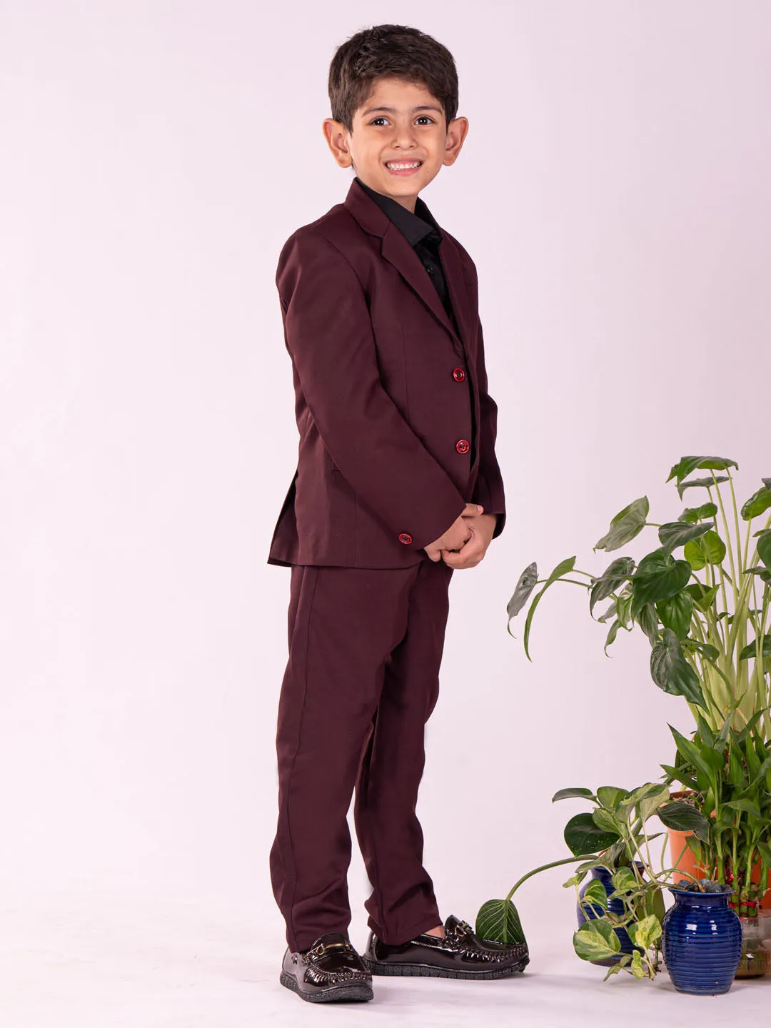 Jashvi Boys' Black And Maroon Shirt Blazer Waist Coat And Pant