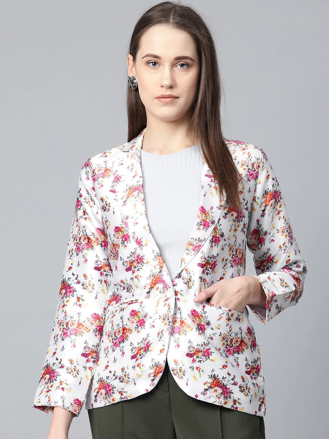 Jashvi Women Grey & Pink Satin Floral Print Single-Breasted Casual Blazer