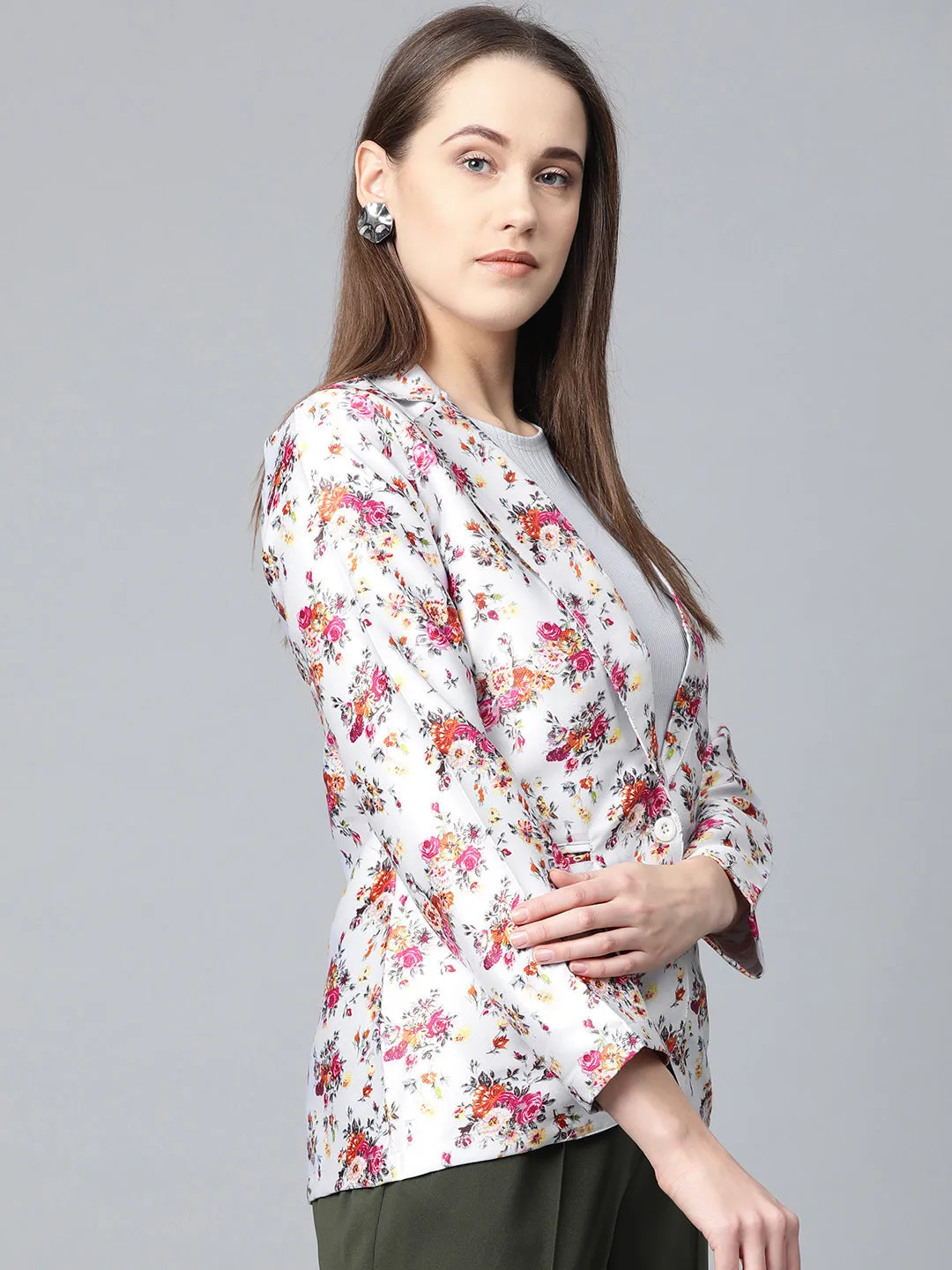 Jashvi Women Grey & Pink Satin Floral Print Single-Breasted Casual Blazer