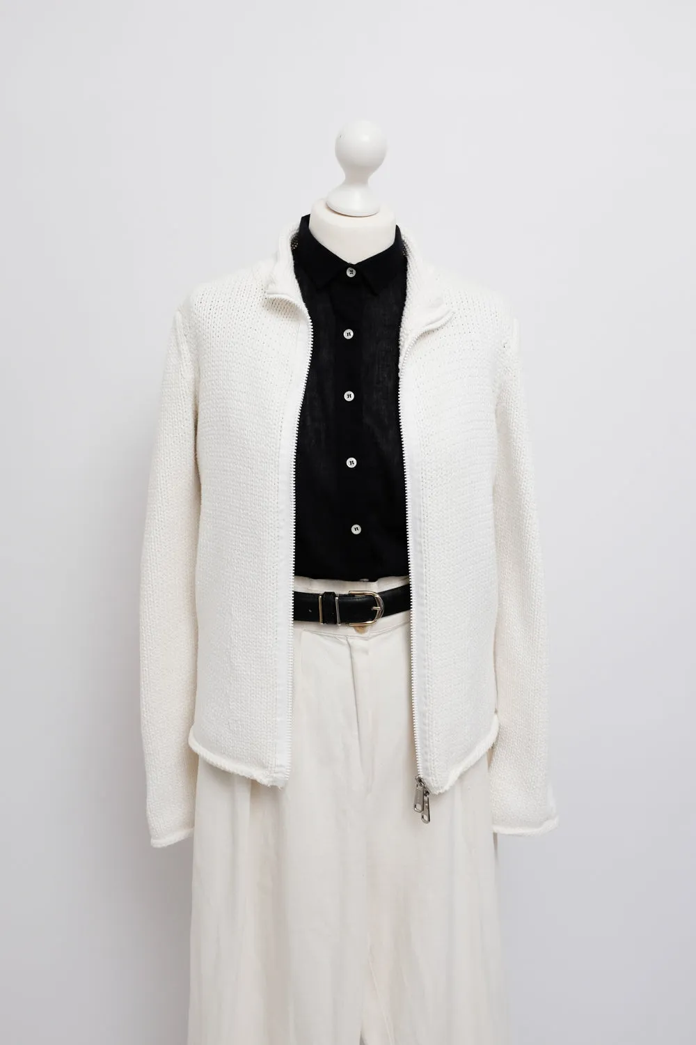 JIL SANDER WHITE COTTON ZIP TROYER KNIT