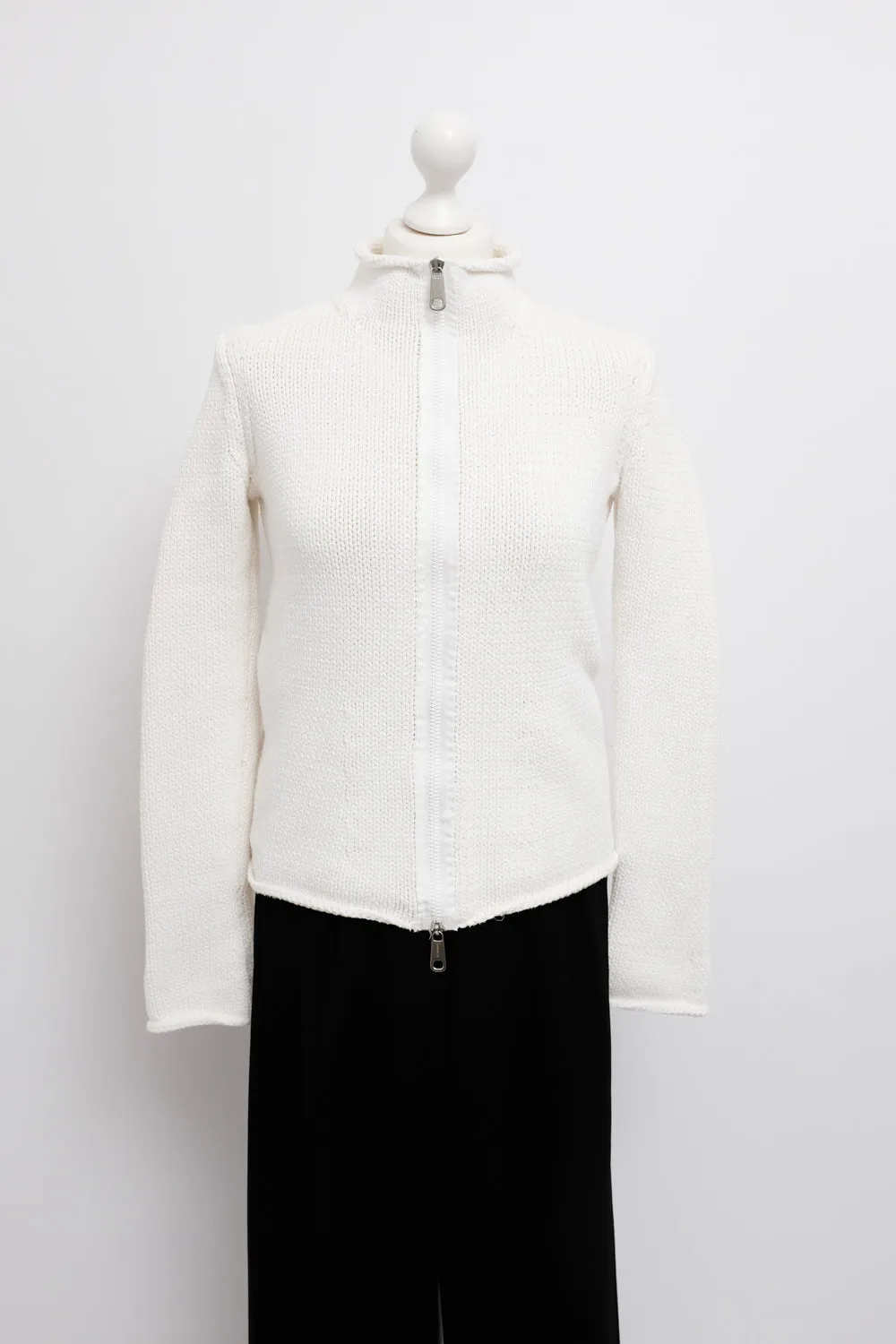 JIL SANDER WHITE COTTON ZIP TROYER KNIT