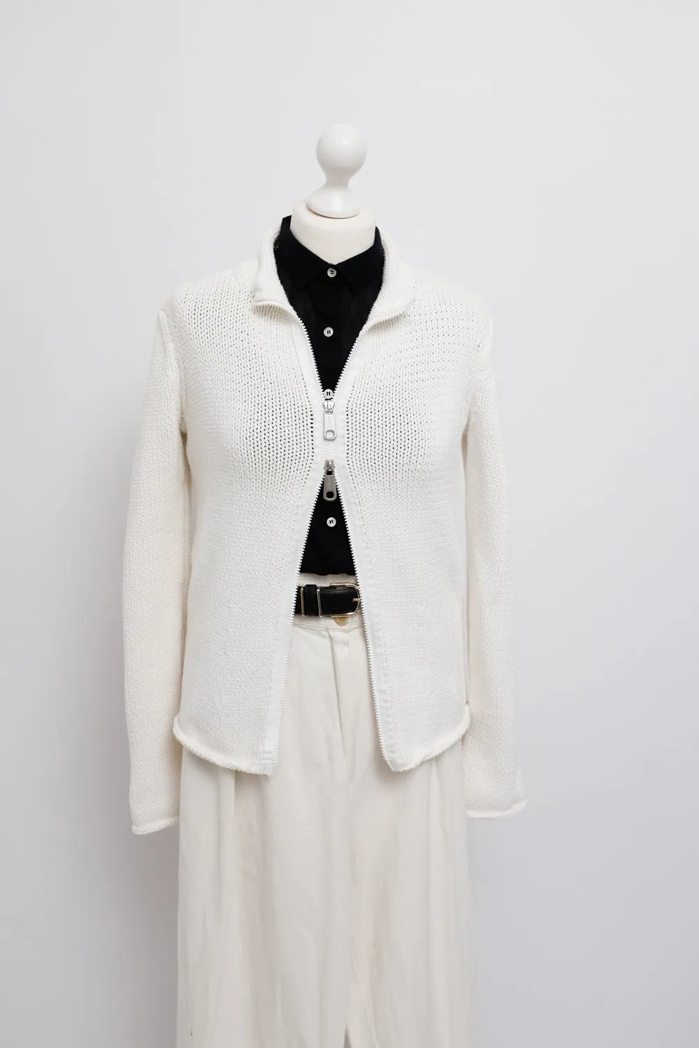 JIL SANDER WHITE COTTON ZIP TROYER KNIT