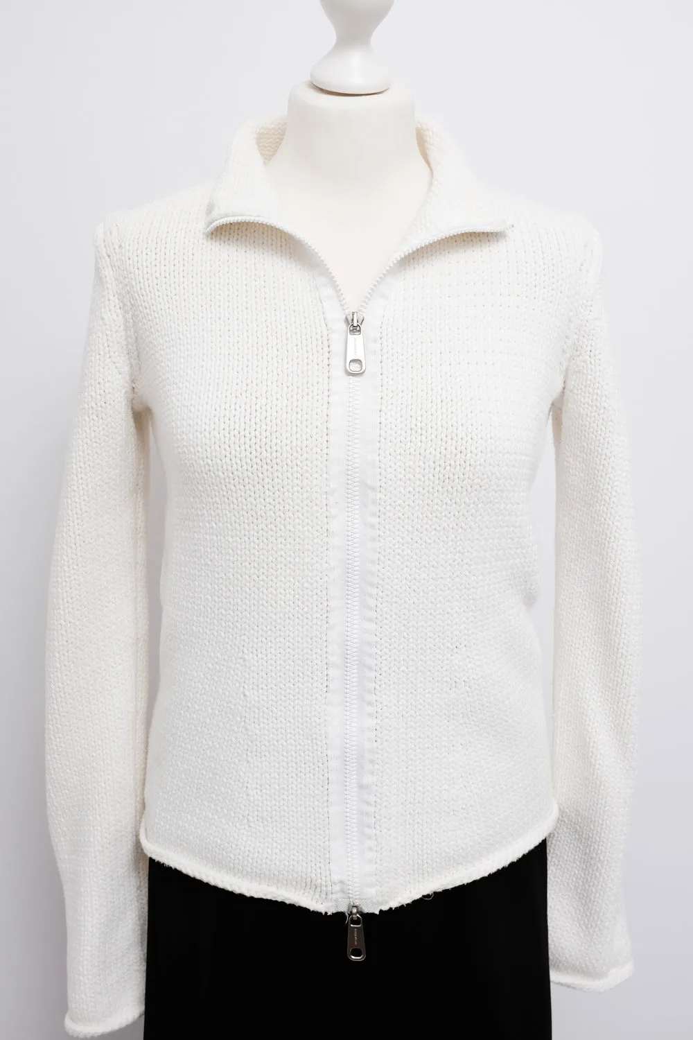 JIL SANDER WHITE COTTON ZIP TROYER KNIT