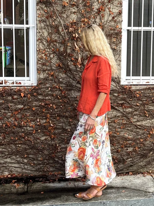 Jiva Midi Linen Prudence Skirt- Orange Rose Print