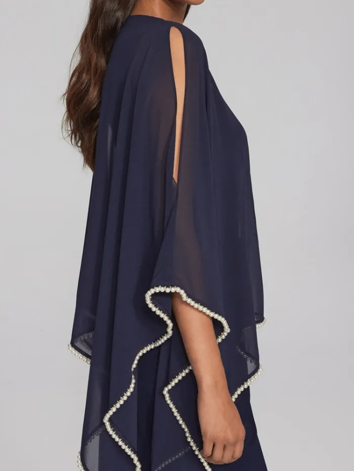 Joseph Ribkoff Chiffon and Silky Knit Poncho Top In Midnight Blue 241715 Col  2166