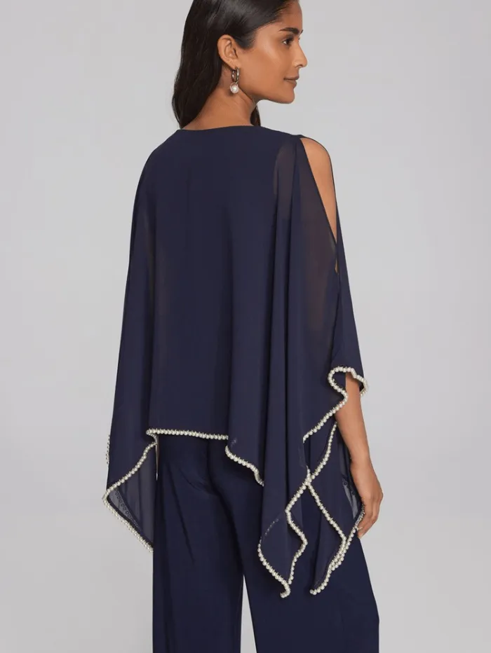 Joseph Ribkoff Chiffon and Silky Knit Poncho Top In Midnight Blue 241715 Col  2166