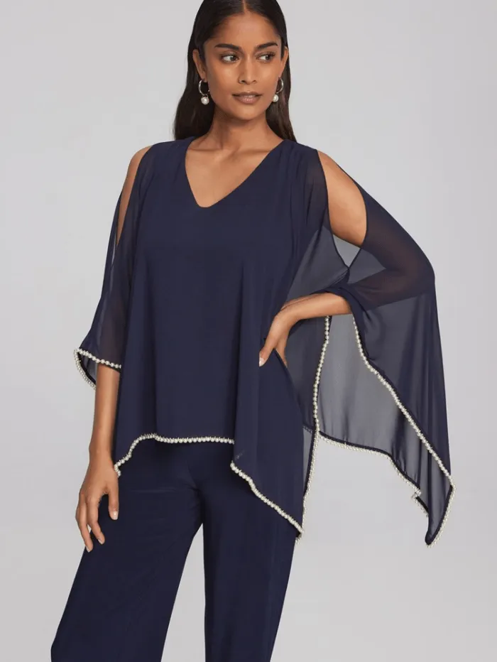 Joseph Ribkoff Chiffon and Silky Knit Poncho Top In Midnight Blue 241715 Col  2166