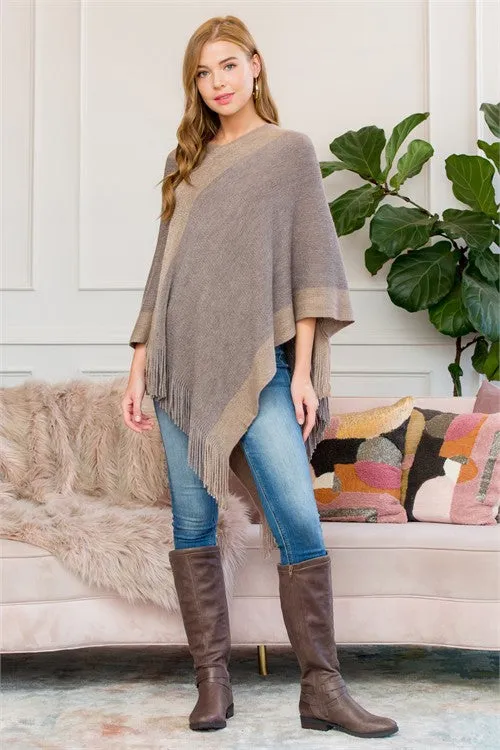 Khaki Two Tone Fringe Poncho