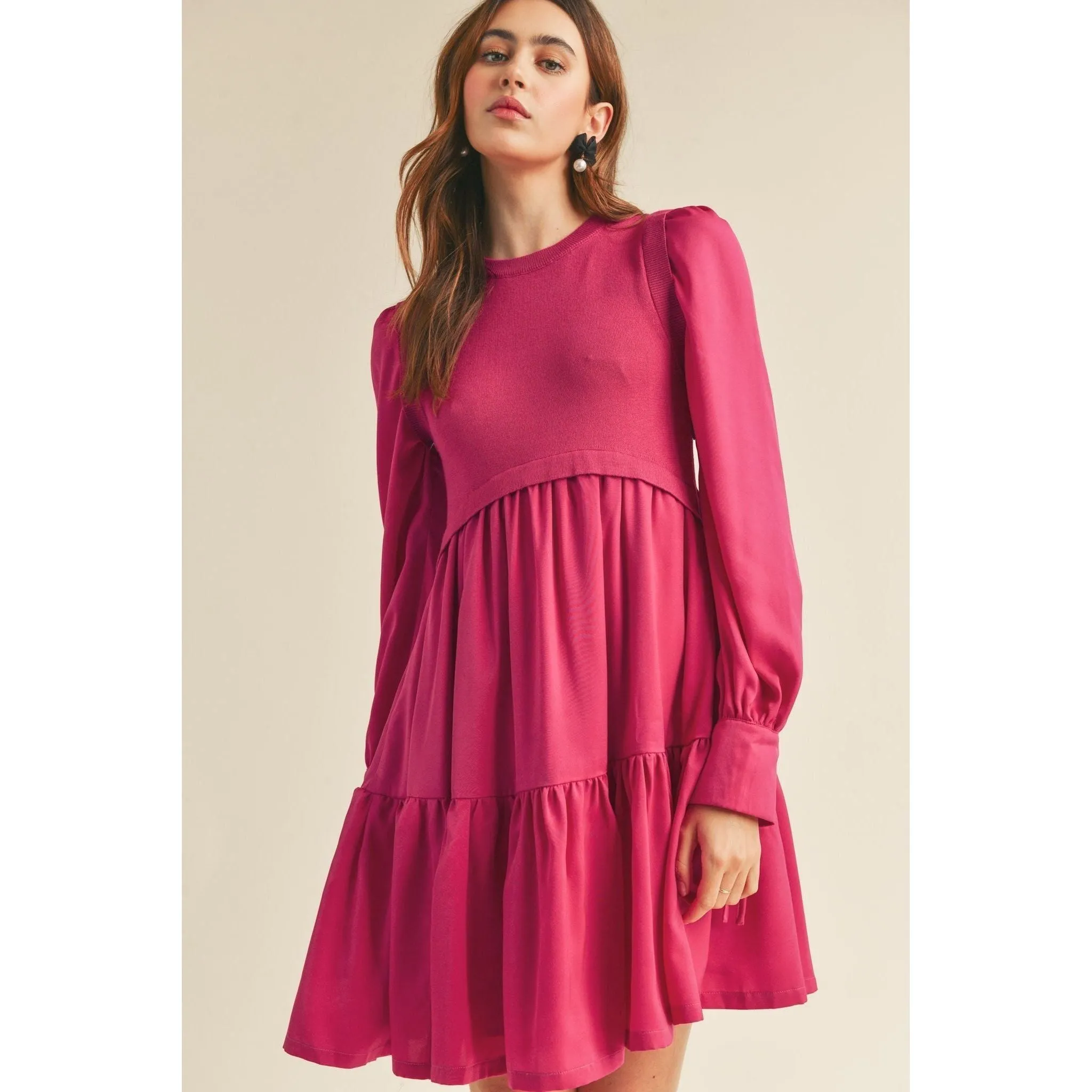 Knit Bodice Satin Mini Dress, Magenta