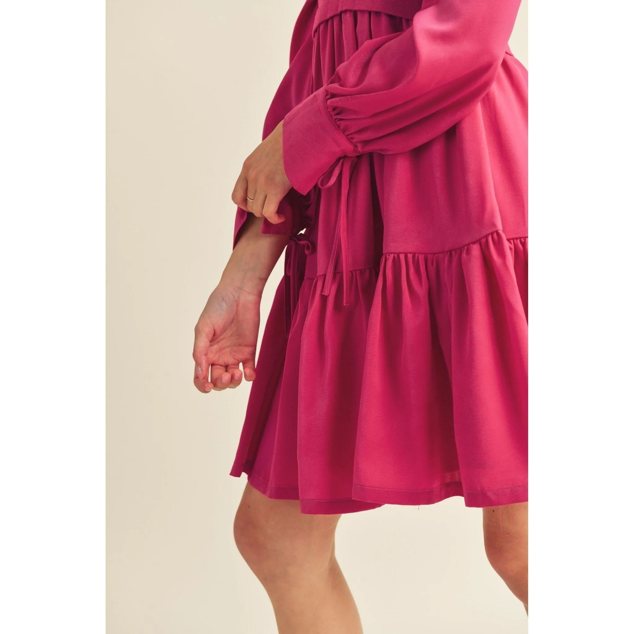 Knit Bodice Satin Mini Dress, Magenta