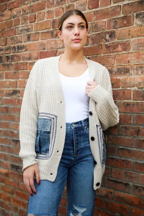 Knit Cardigan With Denim Pockets