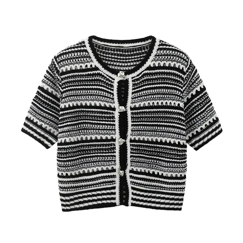 Korean Fashion Knitting Tops White Black Striped Knitted Sweater Hollow Out Women Short Sleeve Cardigan Female 2023  B-056