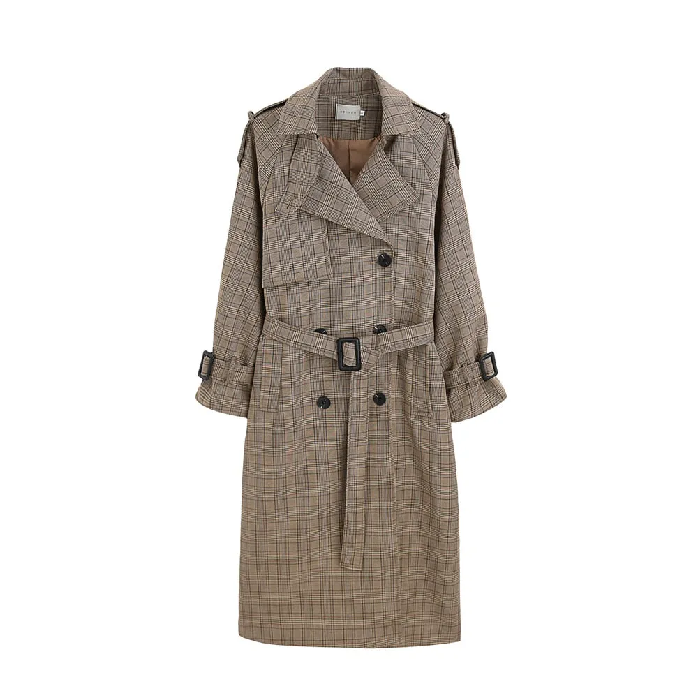 Korean Style Ladies Trench Coat Plaid Long Double Breasted Belted Oversize Loose Women Duster Coat Outerwear with Storm Flaps