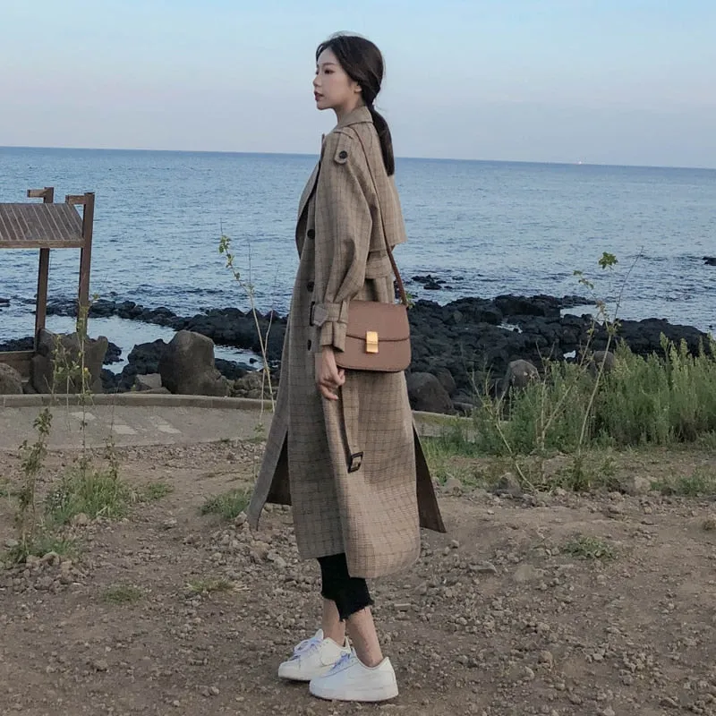 Korean Style Ladies Trench Coat Plaid Long Double Breasted Belted Oversize Loose Women Duster Coat Outerwear with Storm Flaps