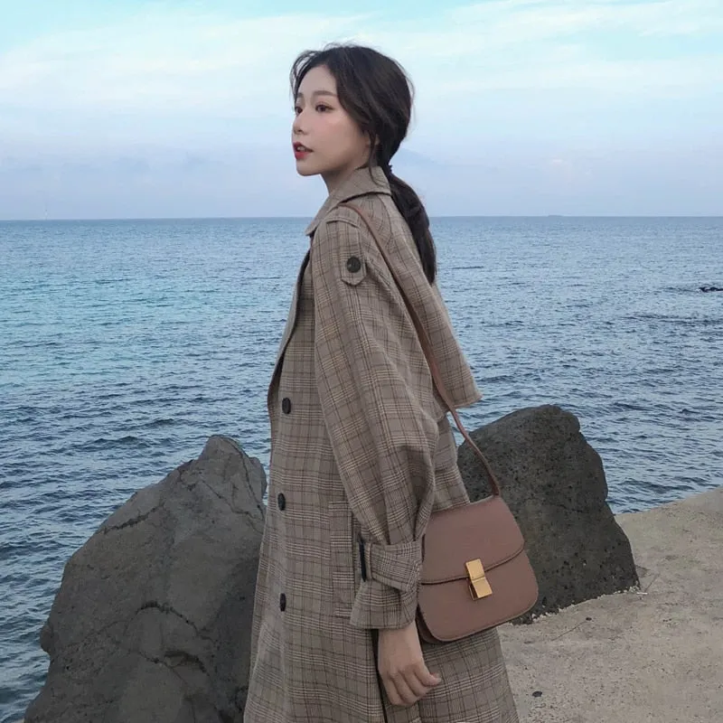 Korean Style Ladies Trench Coat Plaid Long Double Breasted Belted Oversize Loose Women Duster Coat Outerwear with Storm Flaps