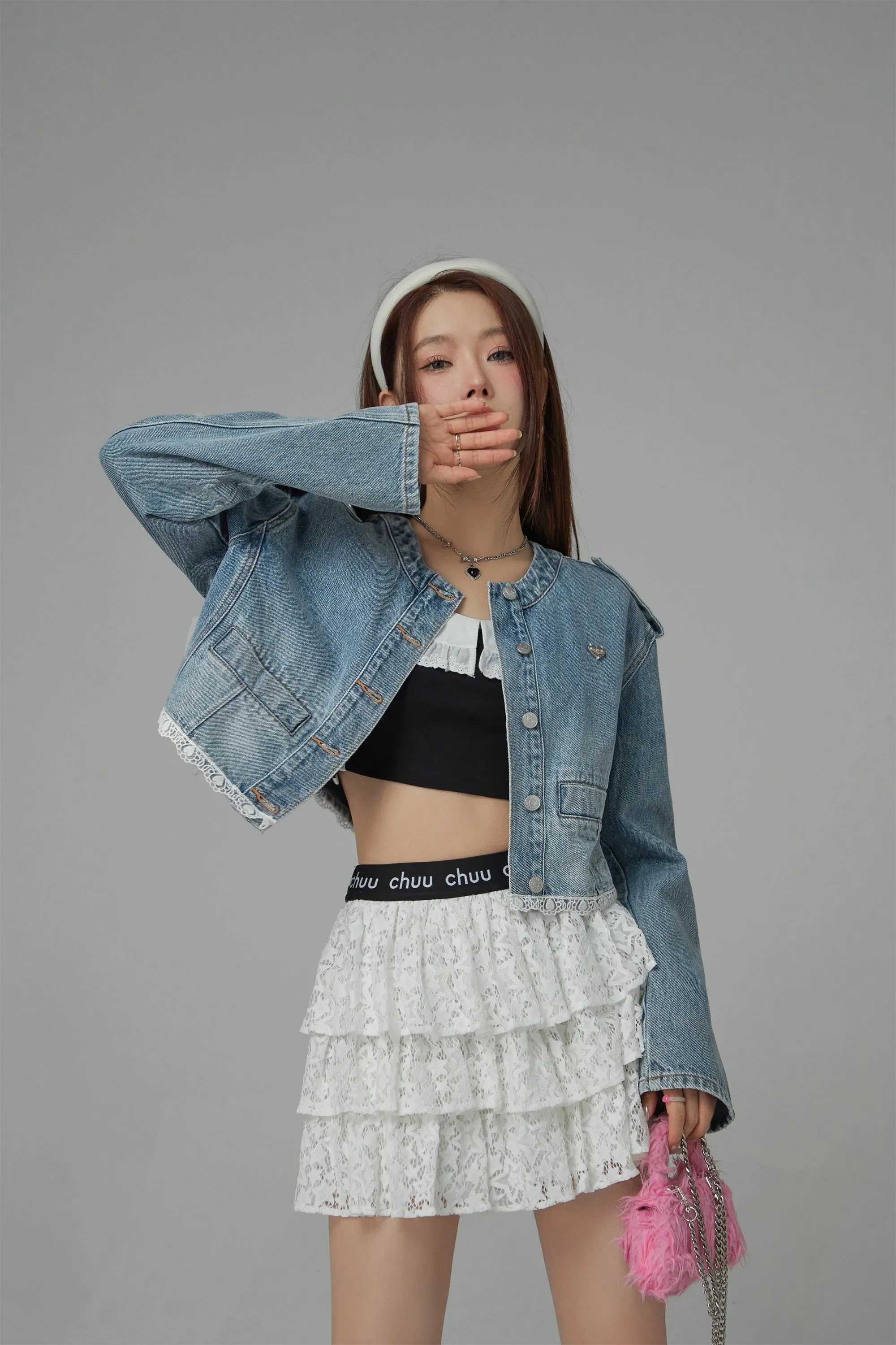 Lace Detail Cropped Denim Jacket