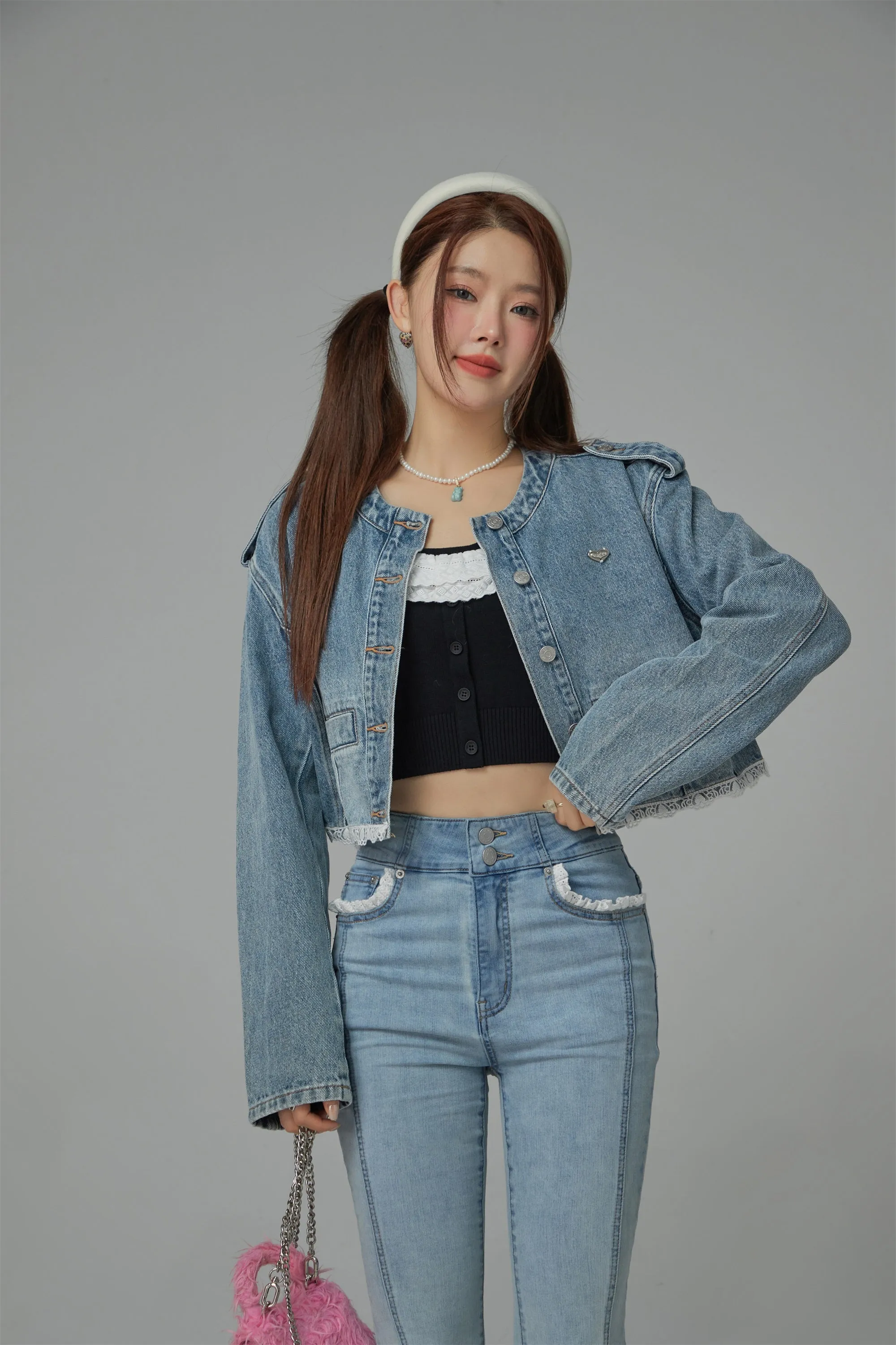 Lace Detail Cropped Denim Jacket