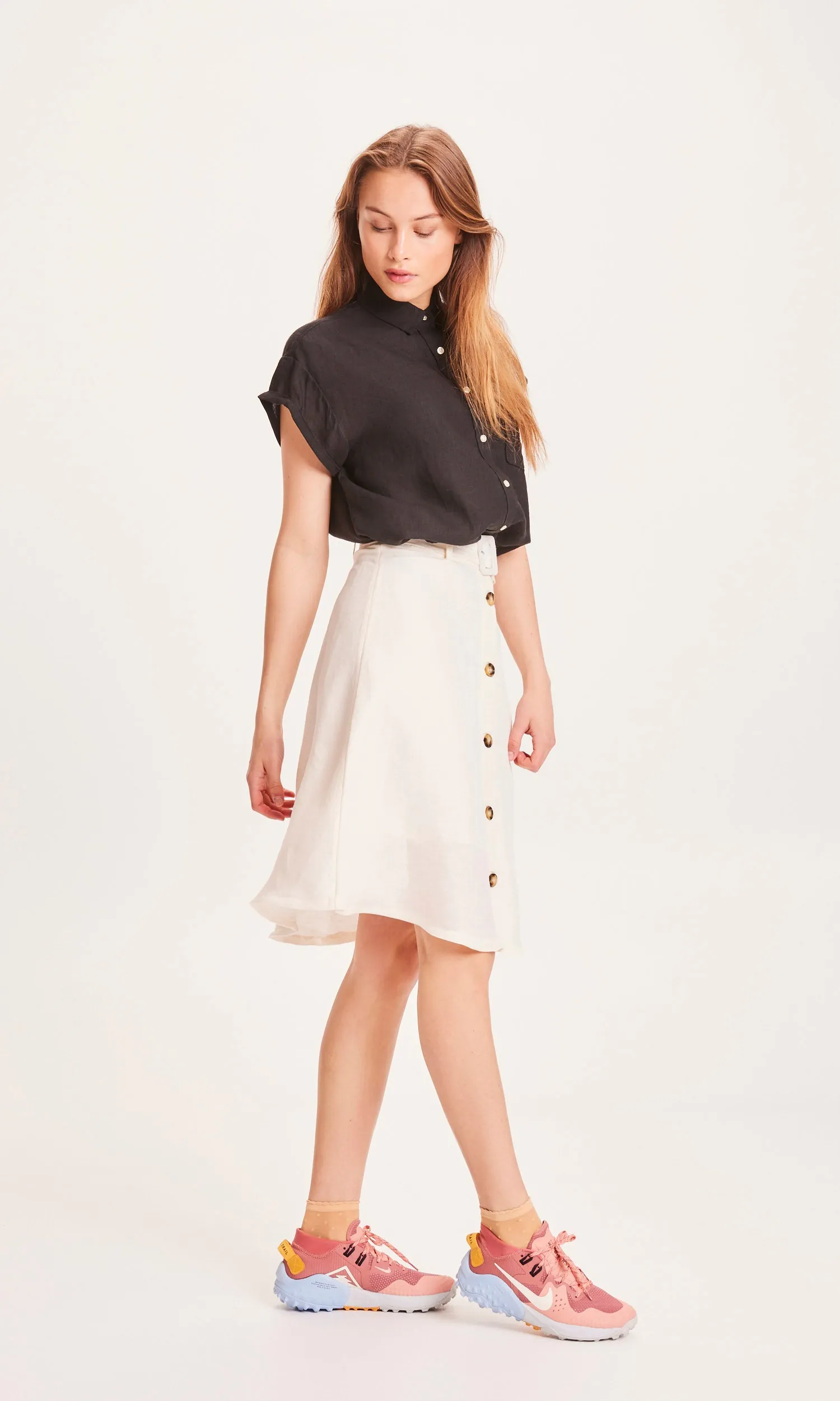 LAYLA Linen Mix Button Down Skirt - Buttercream