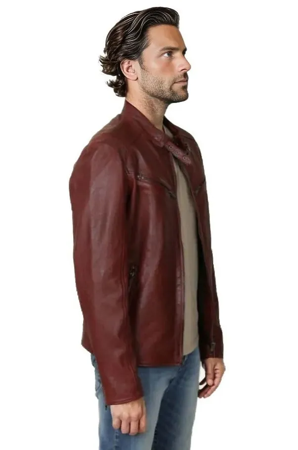 Leo Men's Genuine Leather Biker Jacket Maroon