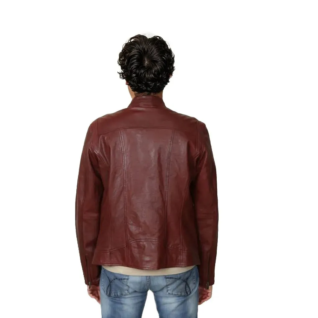 Leo Men's Genuine Leather Biker Jacket Maroon