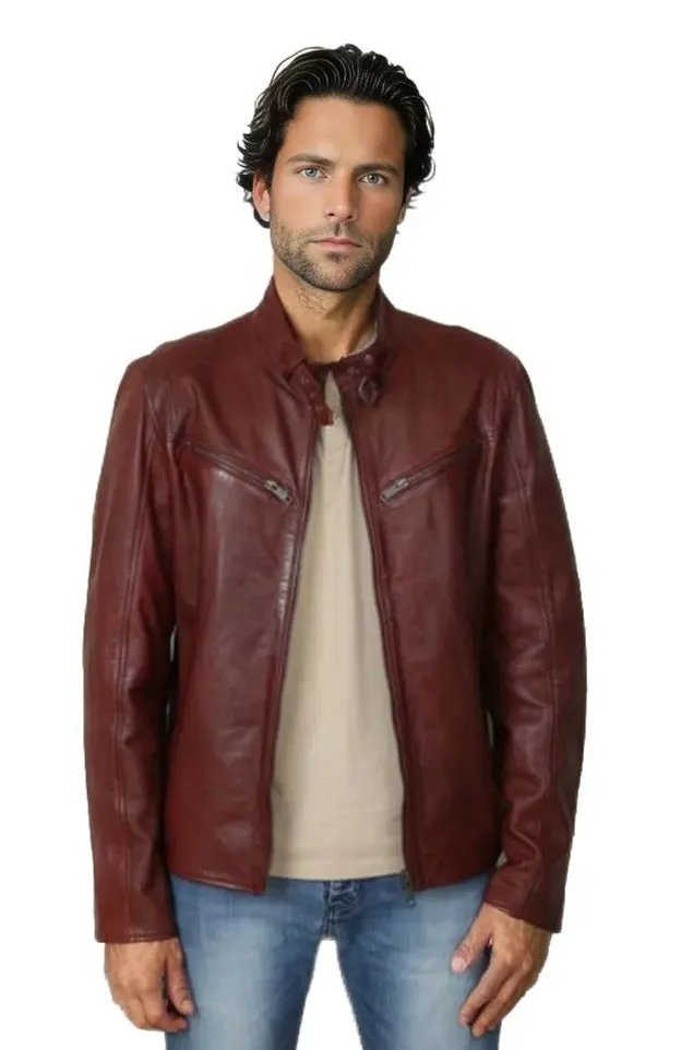 Leo Men's Genuine Leather Biker Jacket Maroon