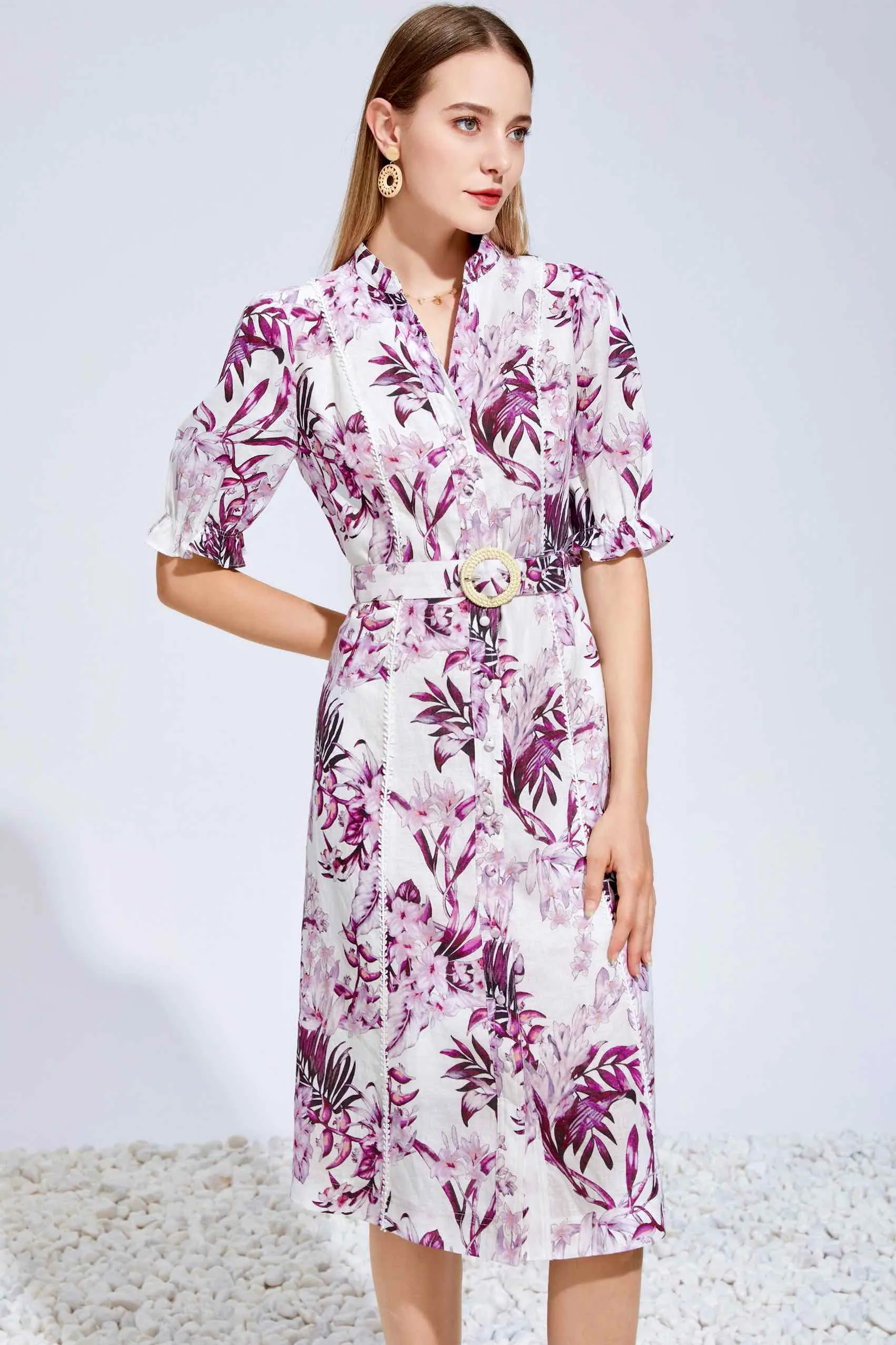 Liana Linen Midi Dress - Magenta/Plum