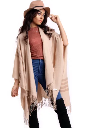 Light Beige Striped Blanket Cape with Tassels