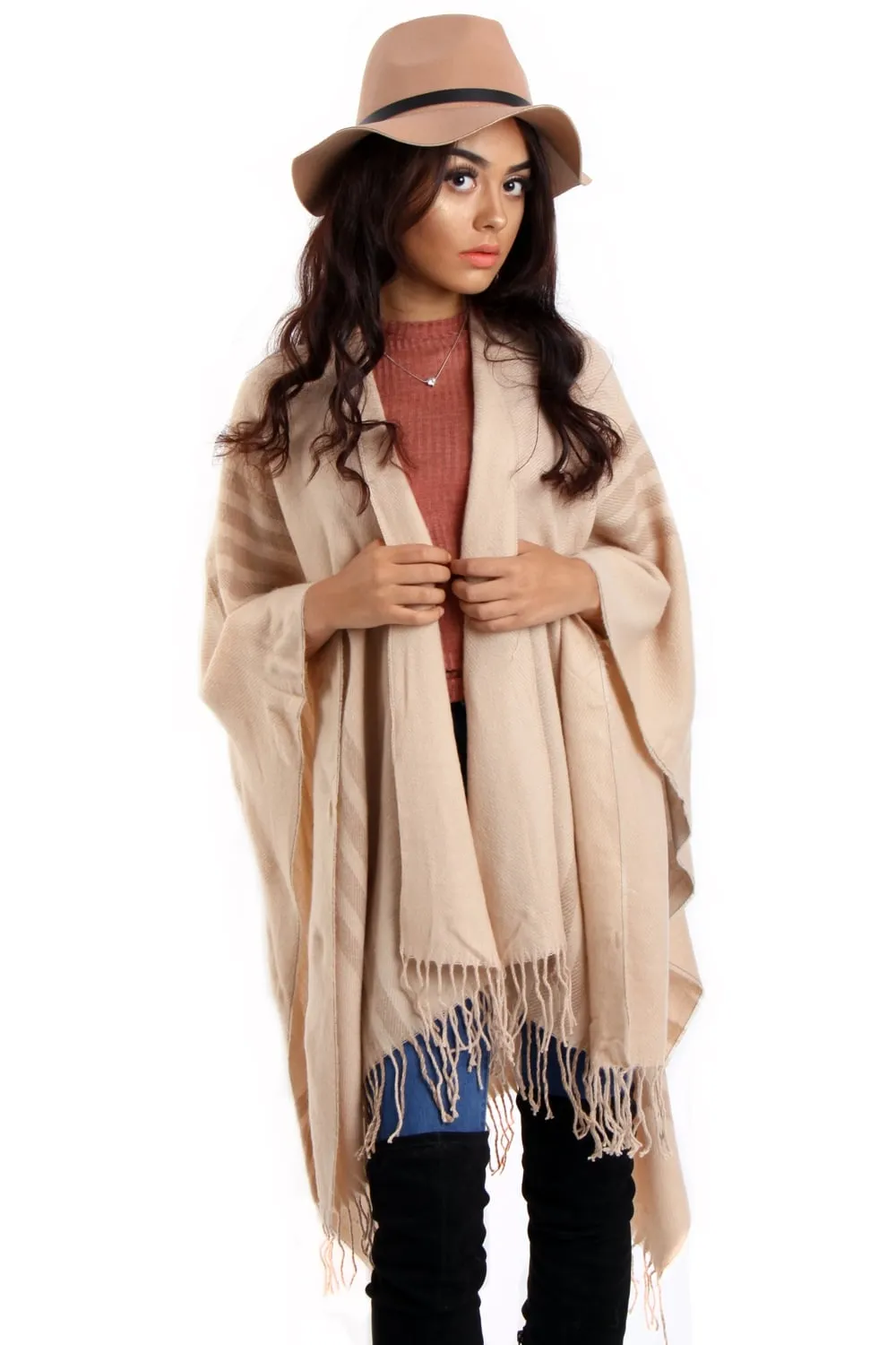 Light Beige Striped Blanket Cape with Tassels