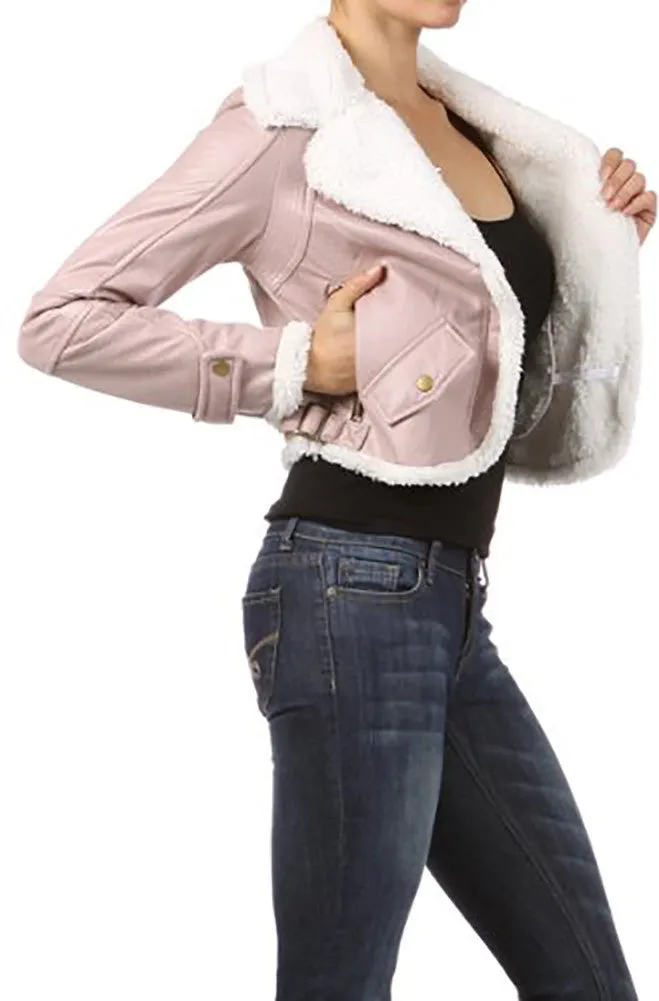 Light Pink Fur Trim Leatherette Cropped Fashion Jacket