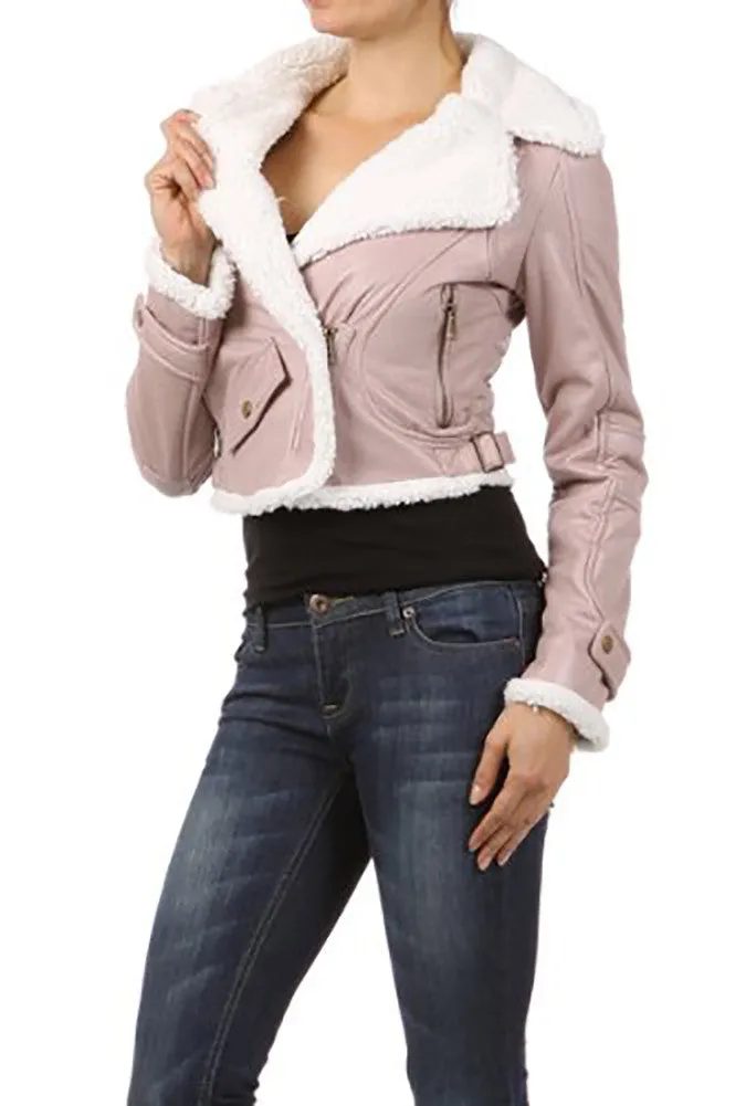 Light Pink Fur Trim Leatherette Cropped Fashion Jacket