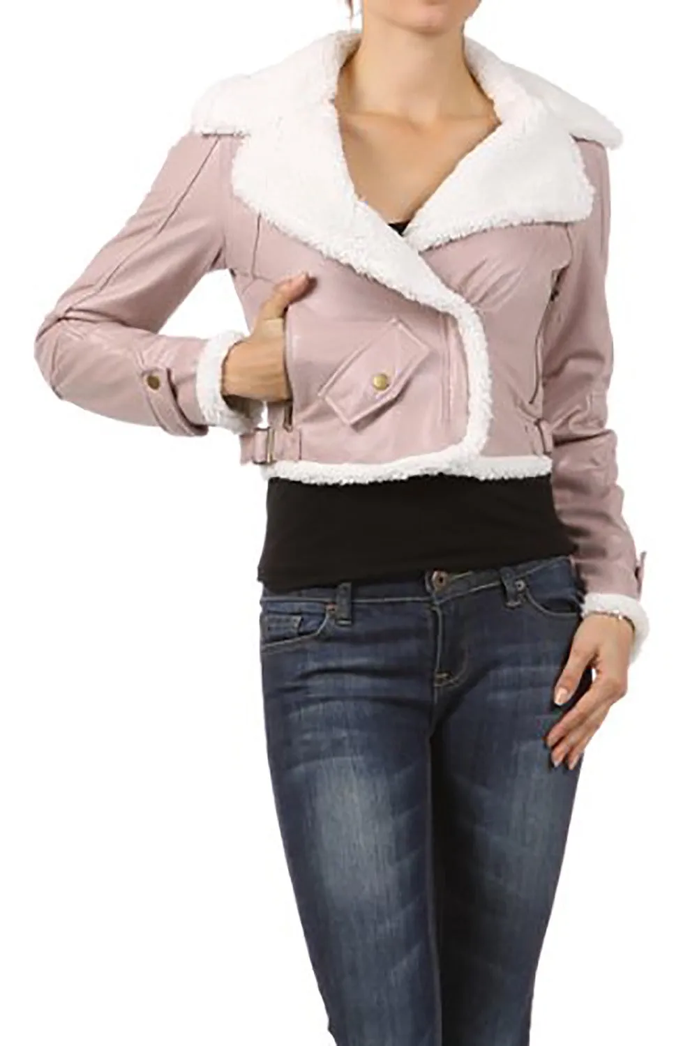 Light Pink Fur Trim Leatherette Cropped Fashion Jacket