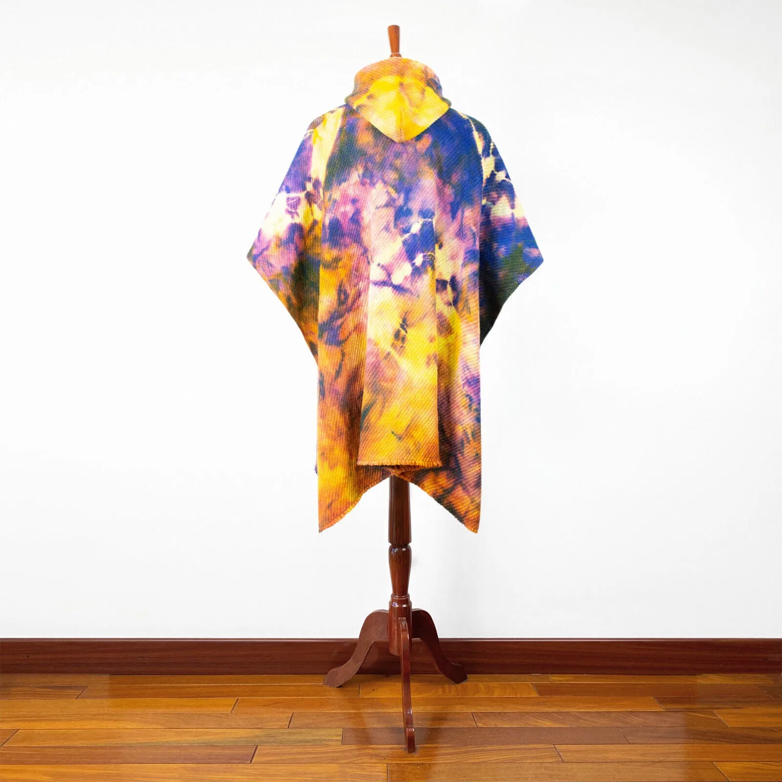 Llamacanche - Llama Wool Unisex South American Handwoven Hooded Poncho - blue/violet/yellow abstract pattern