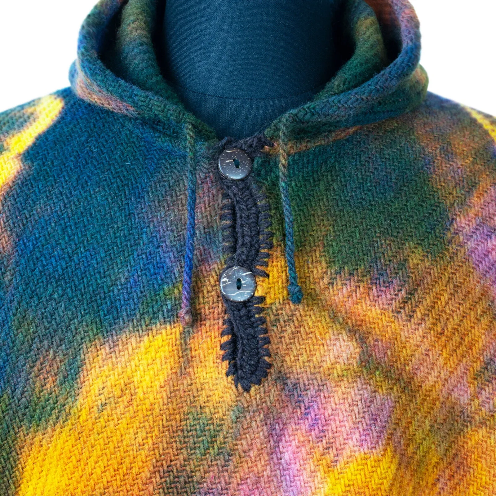 Llamacanche - Llama Wool Unisex South American Handwoven Hooded Poncho - blue/violet/yellow abstract pattern