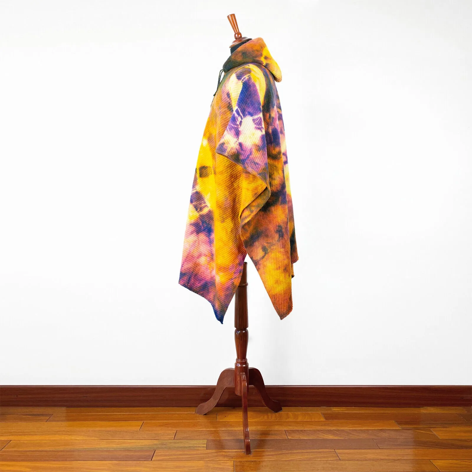 Llamacanche - Llama Wool Unisex South American Handwoven Hooded Poncho - blue/violet/yellow abstract pattern