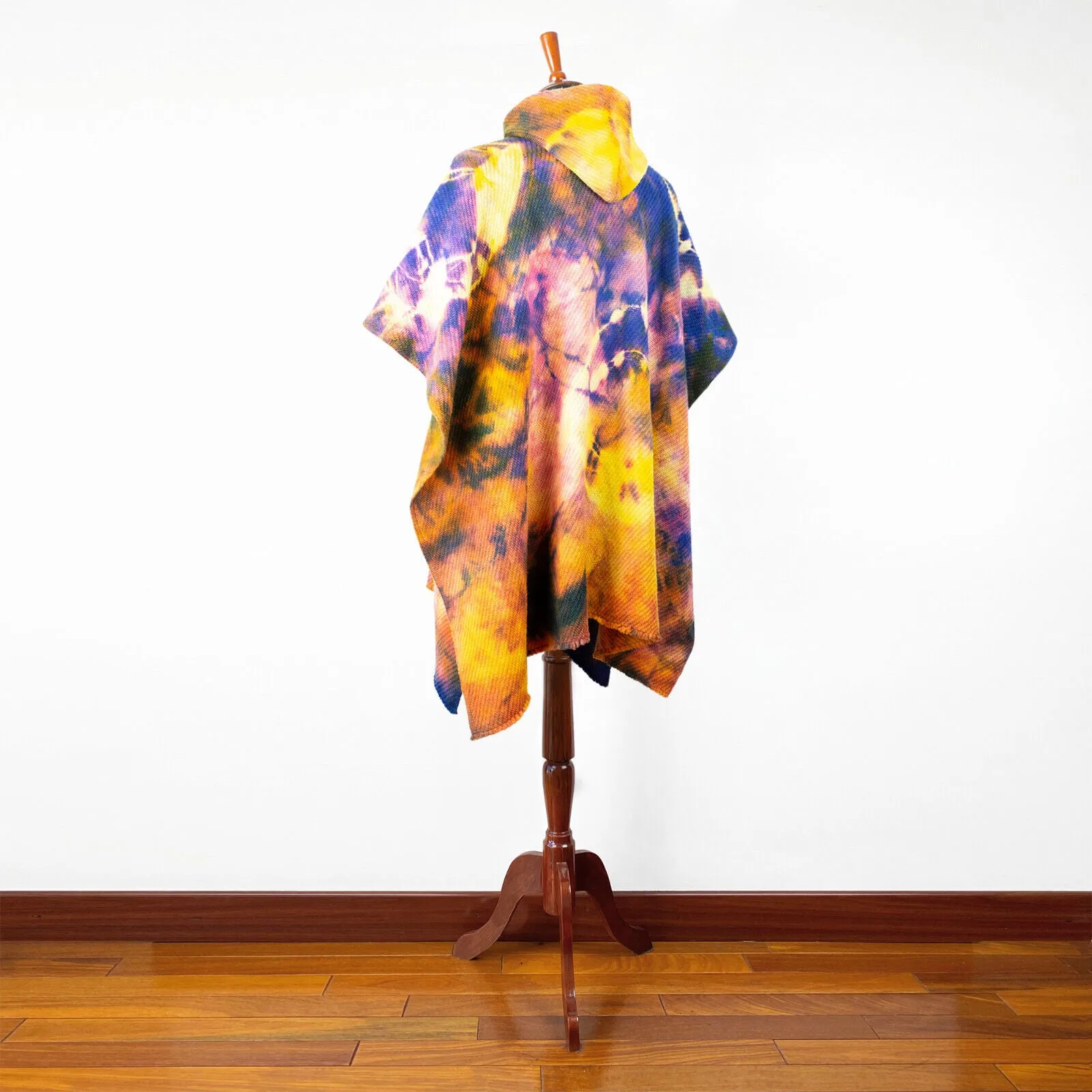 Llamacanche - Llama Wool Unisex South American Handwoven Hooded Poncho - blue/violet/yellow abstract pattern