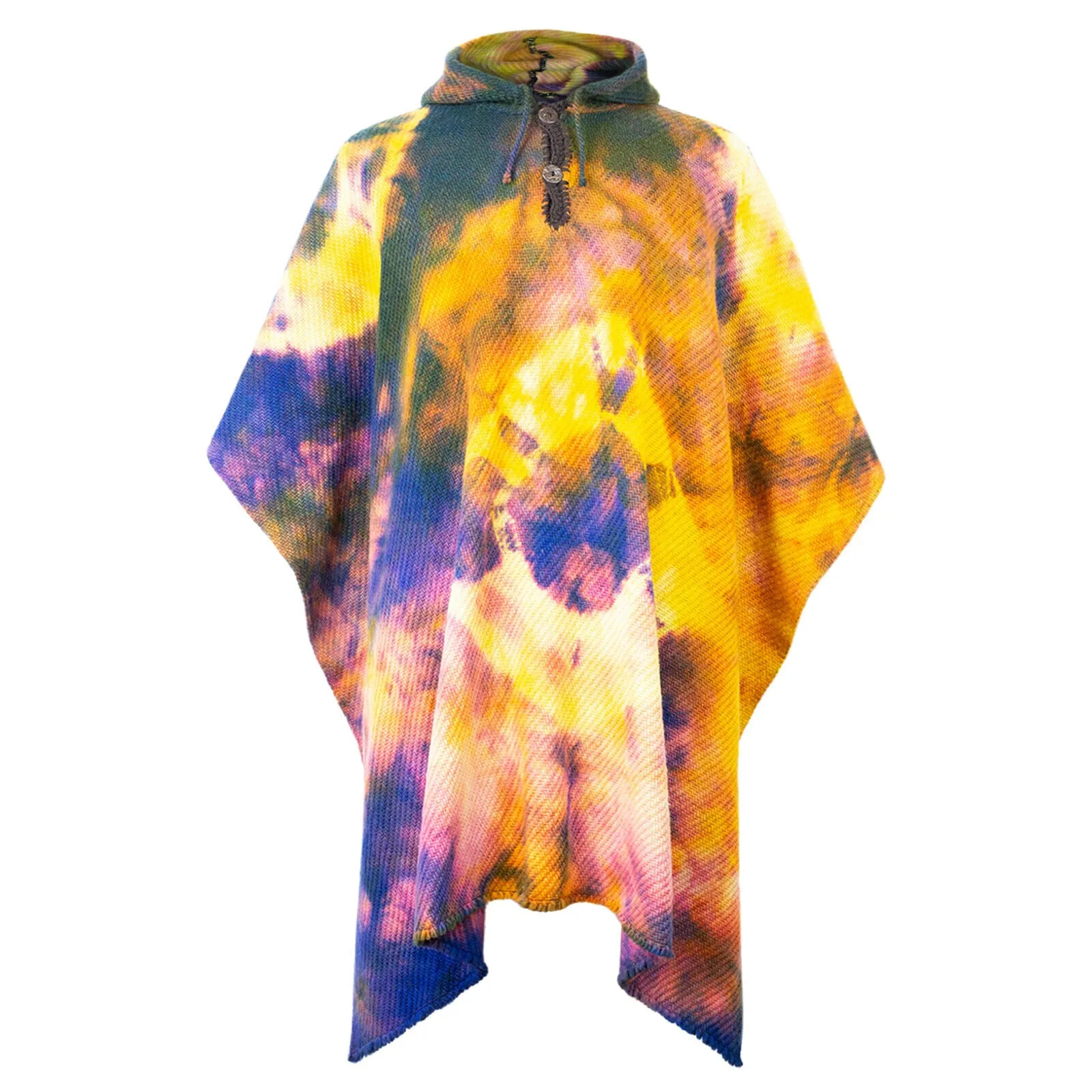 Llamacanche - Llama Wool Unisex South American Handwoven Hooded Poncho - blue/violet/yellow abstract pattern