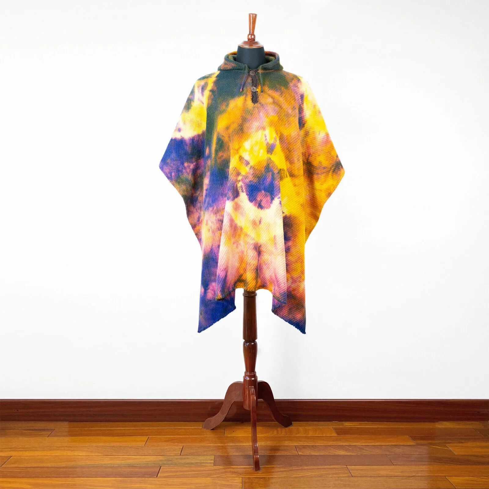 Llamacanche - Llama Wool Unisex South American Handwoven Hooded Poncho - blue/violet/yellow abstract pattern