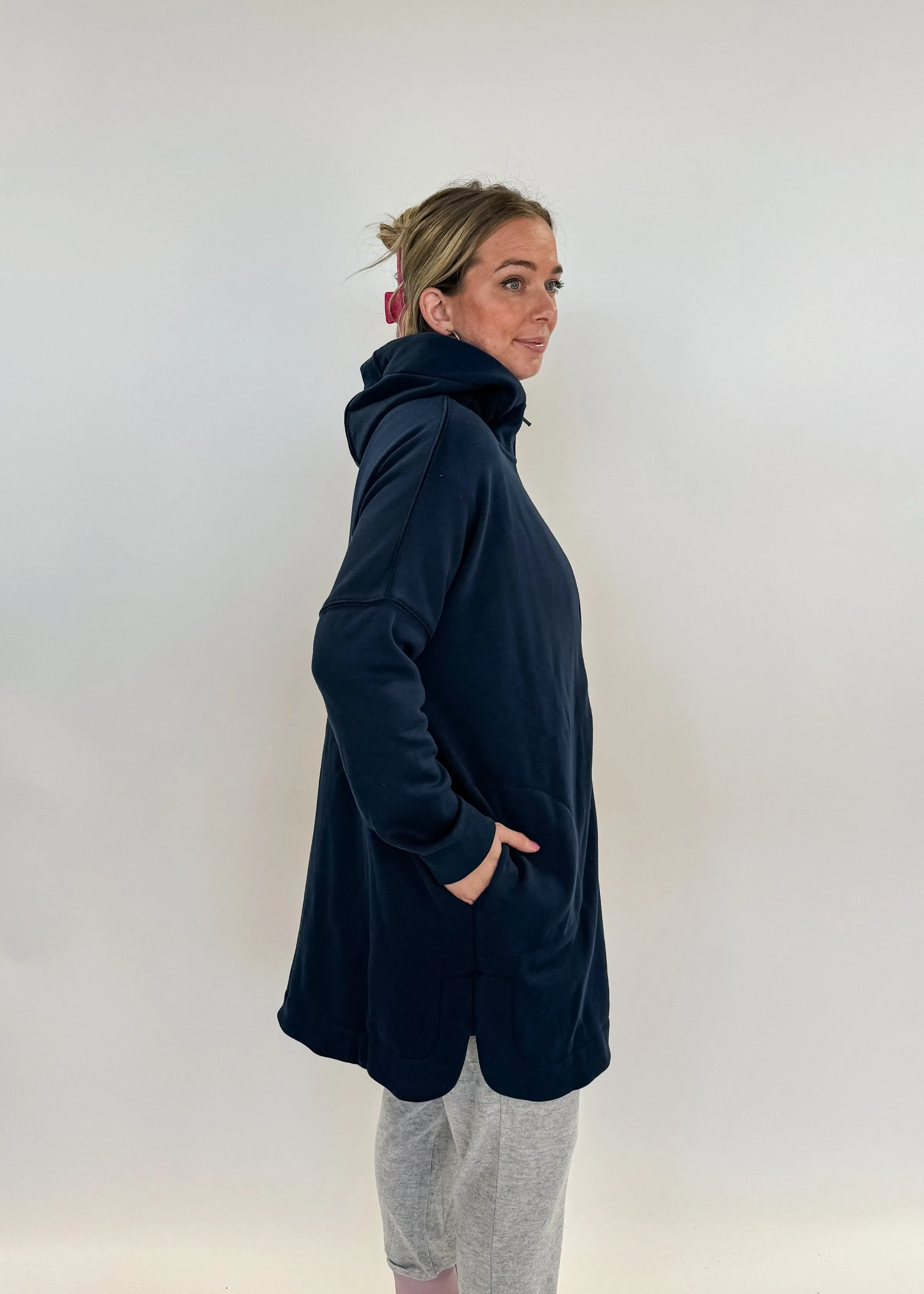 Long Hoodie Zip Up Navy