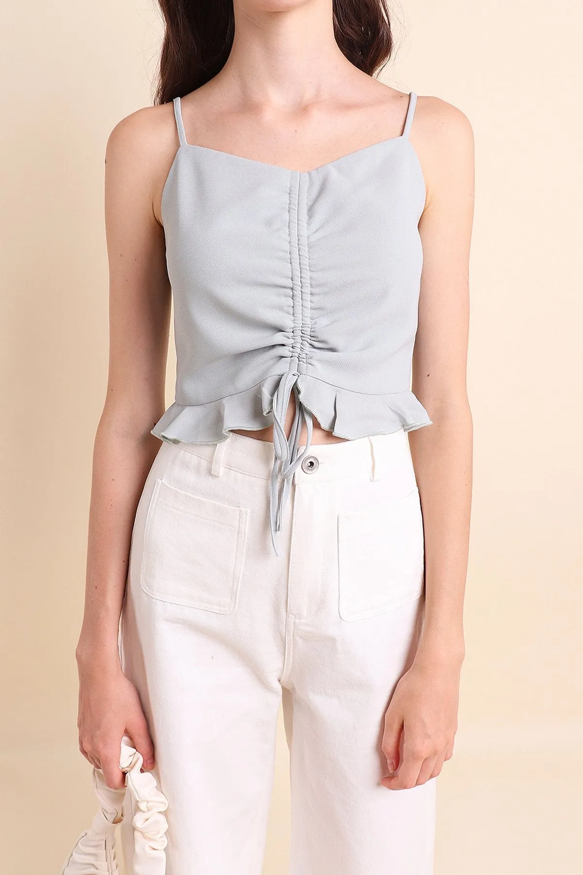 MADEBYNM AUDREY RUCHED PEPLUM TOP IN MINT SAGE