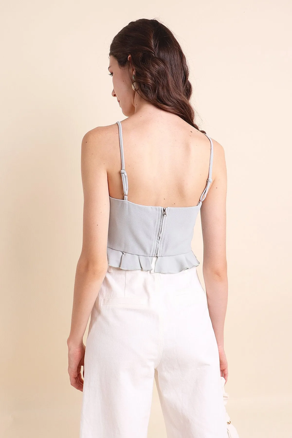 MADEBYNM AUDREY RUCHED PEPLUM TOP IN MINT SAGE