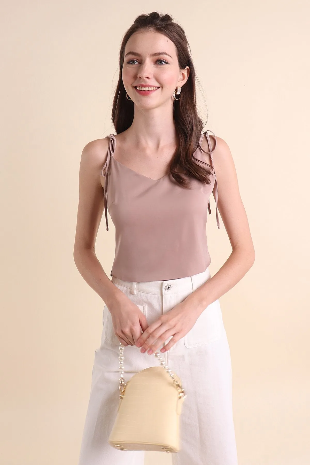 MADEBYNM SONIA SATIN SHOULDER TIE TOP IN DESERT TAUPE