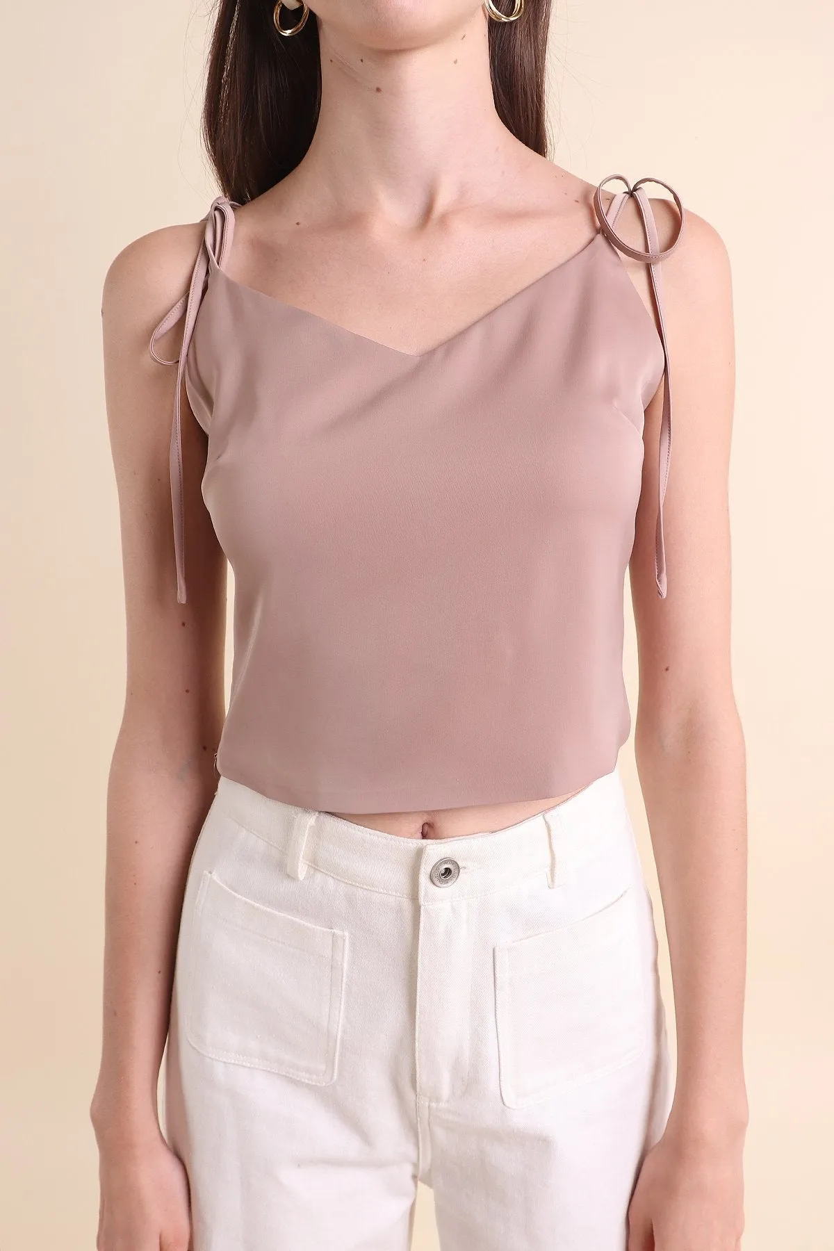 MADEBYNM SONIA SATIN SHOULDER TIE TOP IN DESERT TAUPE