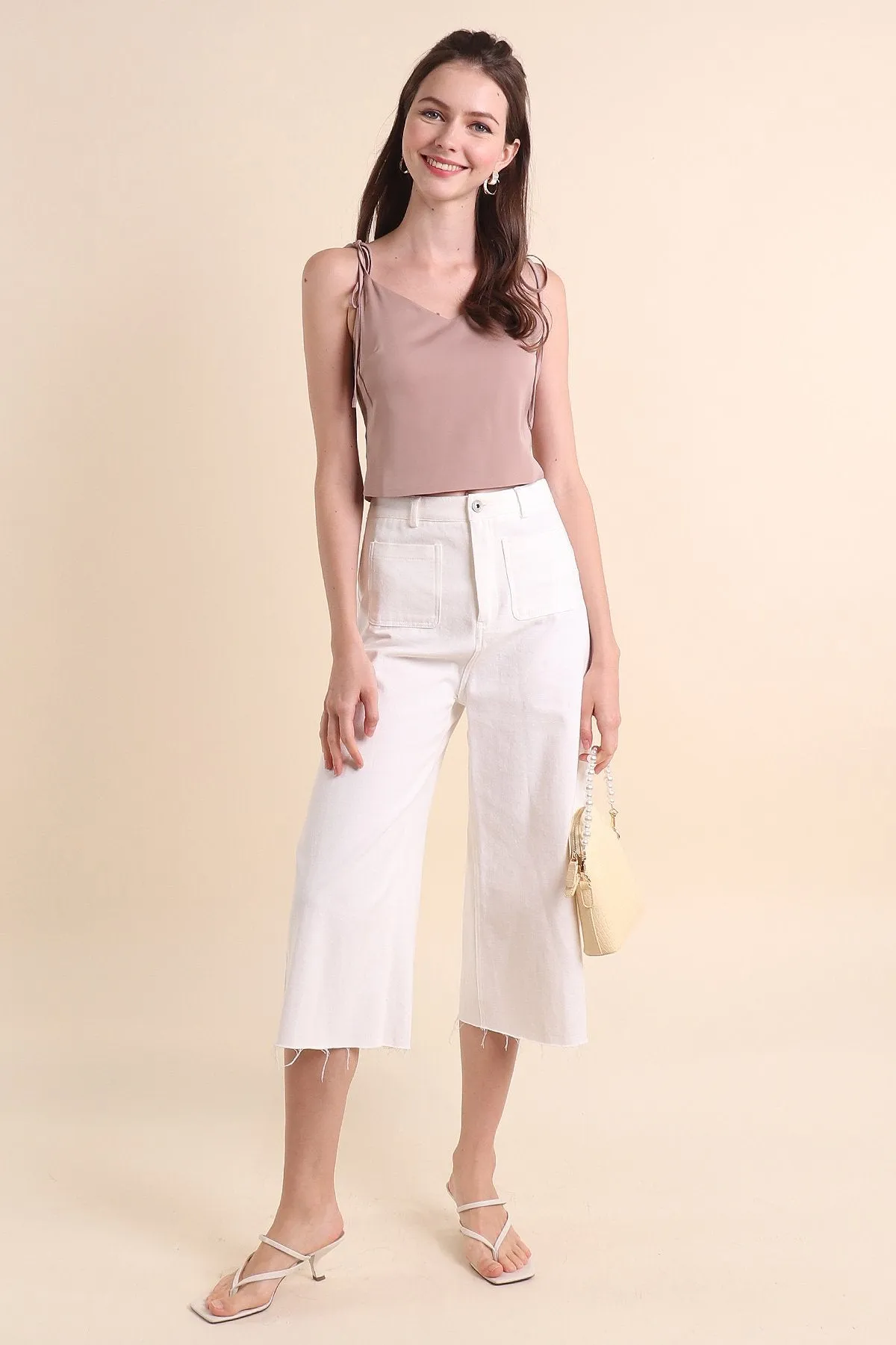 MADEBYNM SONIA SATIN SHOULDER TIE TOP IN DESERT TAUPE