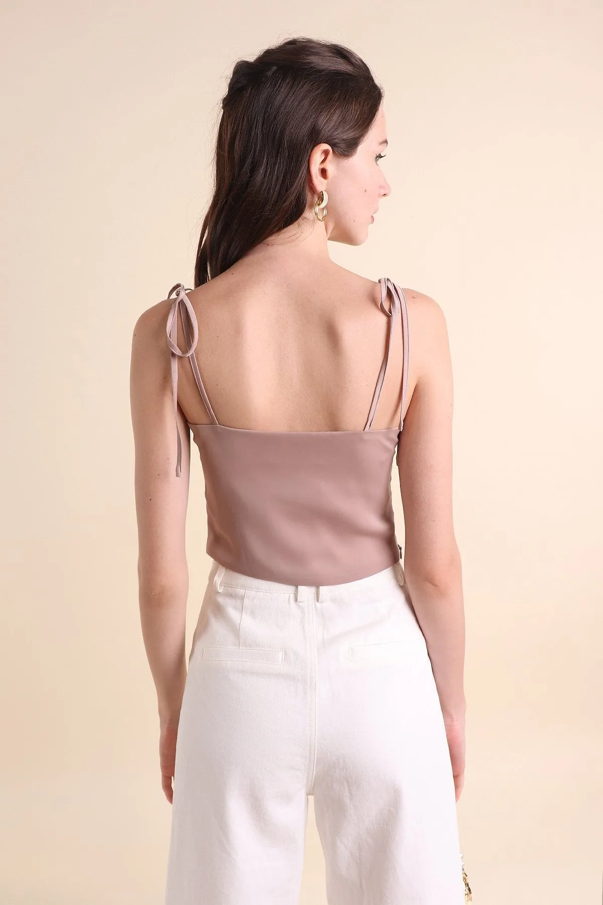 MADEBYNM SONIA SATIN SHOULDER TIE TOP IN DESERT TAUPE